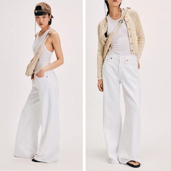 NEW REDONE Mid-Rise Palazzo Jeans White Wide Leg Denim Preppy Bohemian Festival - Picture 1 of 10